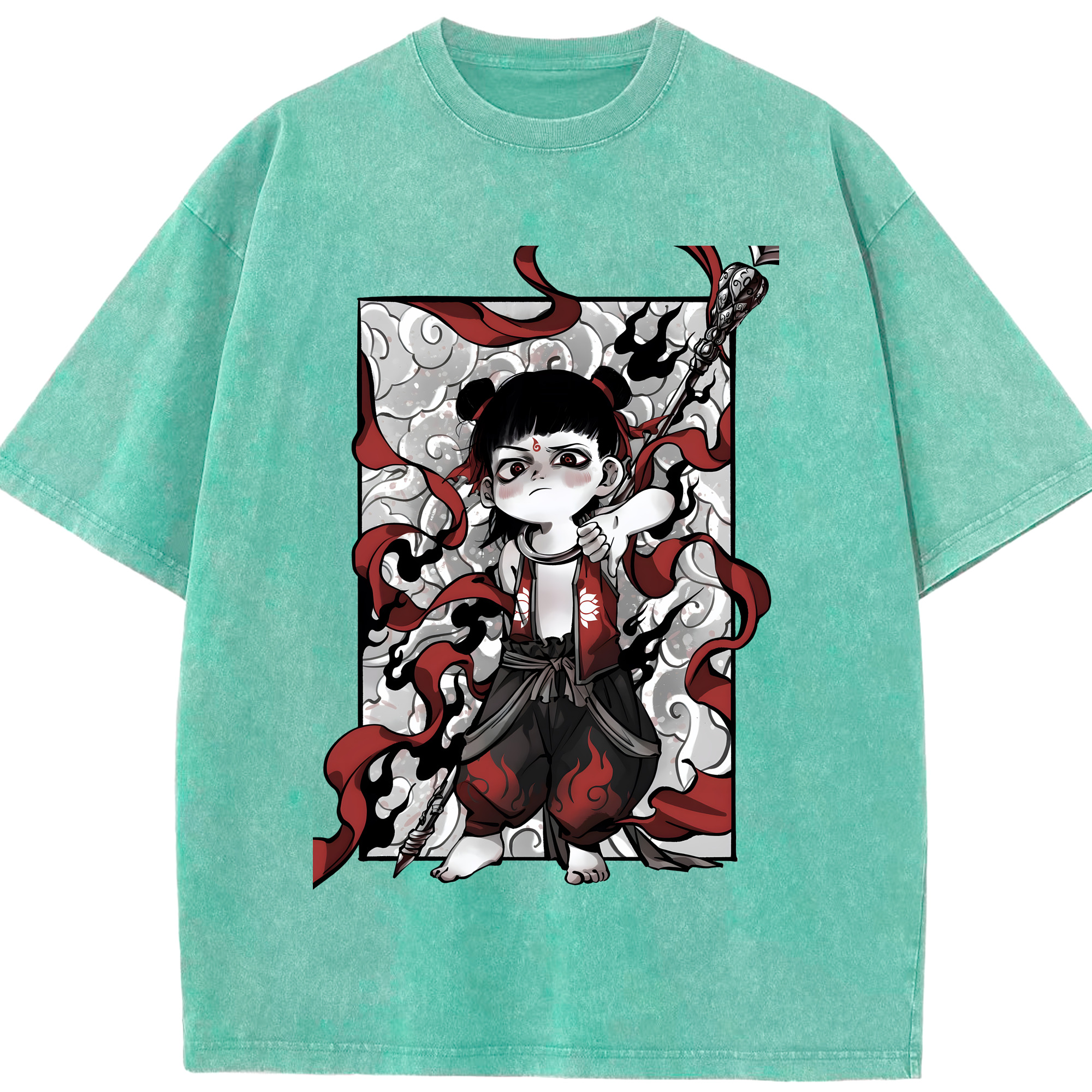 （画像用） Ne Zha 2 ナタ 魔童の大暴れ 綿100% ヴィンテージ風 半袖Tシャツ（フロントプリント）